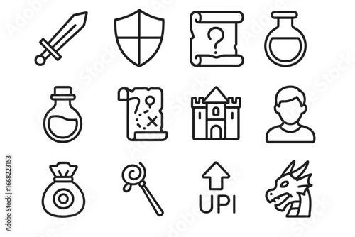 RPG Icon Set. Outline icon set of RPG gaming: sword, shield, treasure chest, potion bottle, quest scroll, map,