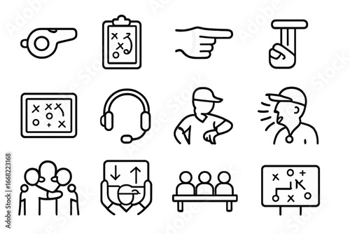 Coaching Symbols Grid. Outline vector icons of coaches and sideline action: whistle icon, clipboard plan,