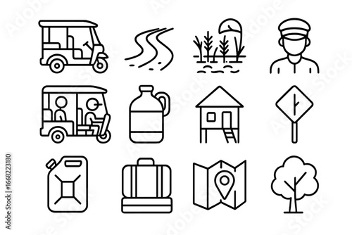 Rural Tuk-Tuk Icons. Outline icon set of tuk-tuk in rural areas: tuk-tuk, dirt road, rice field, driver,