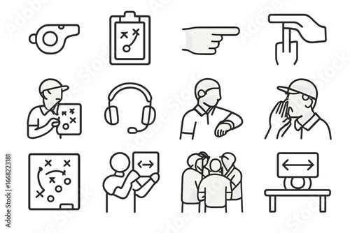 Coaching Symbols Grid. Outline vector icons of coaches and sideline action: whistle icon, clipboard plan,