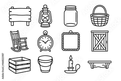 Rustic Decor Icons. Outline icon set of rustic style home décor: wooden sign, lantern, mason jar, wicker