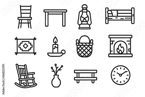 Rustic Home Decor Icons. Outline icon set of rustic home decor: wooden chair, wooden table, lantern, log bed,