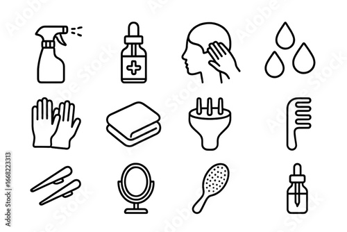 Scalp Hydration Icon Set. Outline icon set of Scalp hydration therapy: mist spray, hydrating serum, scalp