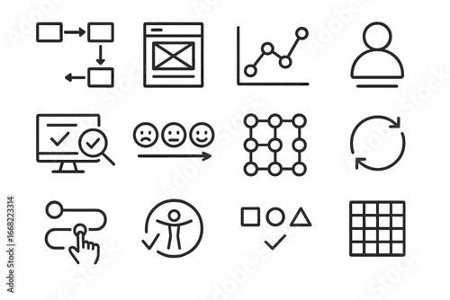 UX Design Icons. Outline vector icons of UX design principles: user flow, wireframe sketch, journey map,