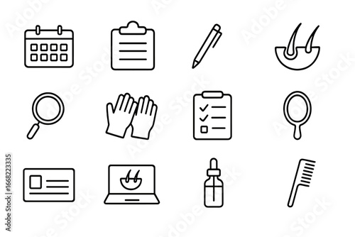 Scalp Treatment Icon Set. Outline icon set of Scalp treatment consultation: calendar, clipboard, pen, scalp