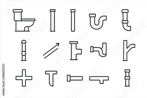 Sanitary Pipe Icons. Outline icon set of sanitary piping system: toilet pipe, vent stack, soil pipe, trap arm,
