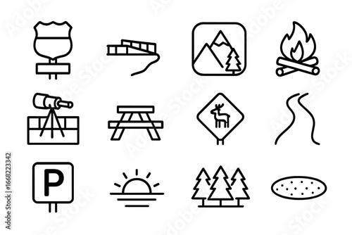 Scenic Camping Icons. Outline icon set of scenic roadside camping: highway sign, overlook point, national park