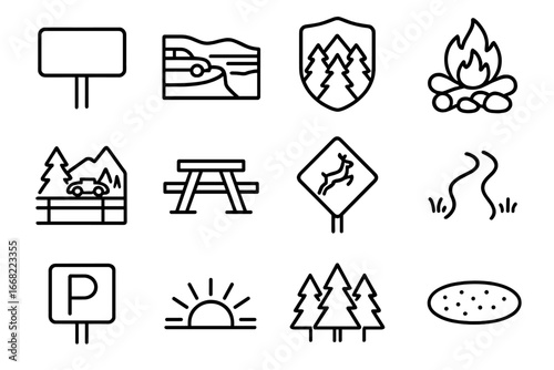 Scenic Camping Icons. Outline icon set of scenic roadside camping: highway sign, overlook point, national park