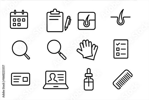 Scalp Treatment Icon Set. Outline icon set of Scalp treatment consultation: calendar, clipboard, pen, scalp