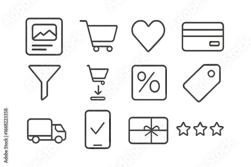 Mobile E-commerce Icons. Outline vector icons of mobile e-commerce UI: product tile, shopping cart, wishlist