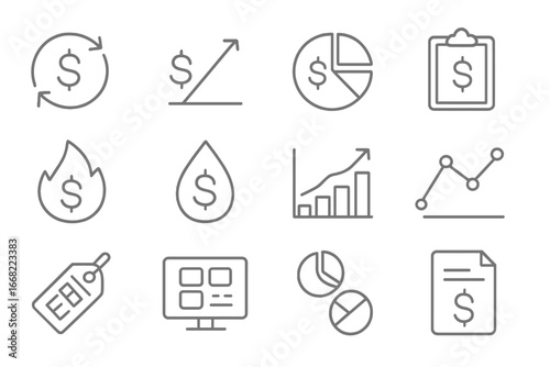 Finance KPI Icons. Outline vector icons of finance KPIs and metrics: ROI icon, profit margin, expense ratio,