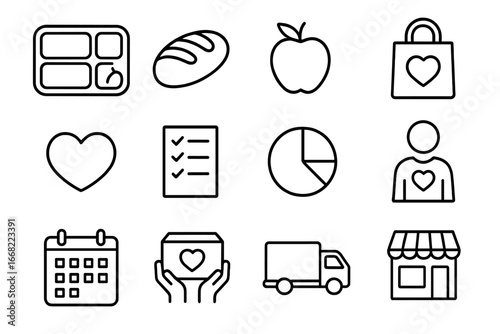 School Food Waste Icons. Outline icon set of school food waste reduction: lunch tray, bread loaf, apple,