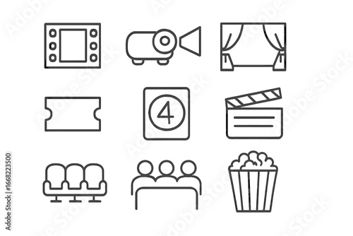 Cinematic Icon Grid. Outline vector icons of cinematic or film screening events: filmstrip icon, projector