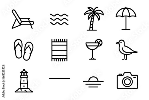 Seaside Icon Collection. Outline icon set of seaside terrace view: deck chair, ocean waves, palm tree, sun