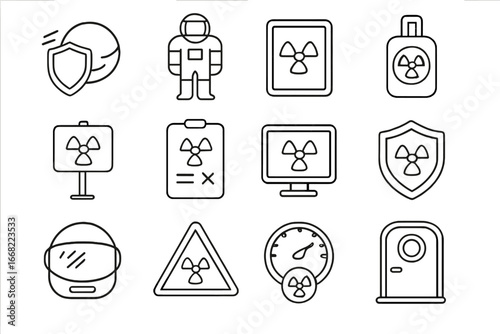 Space Radiation Safety Icons. Outline vector icons of radiation protection in space travel: shielding layer,