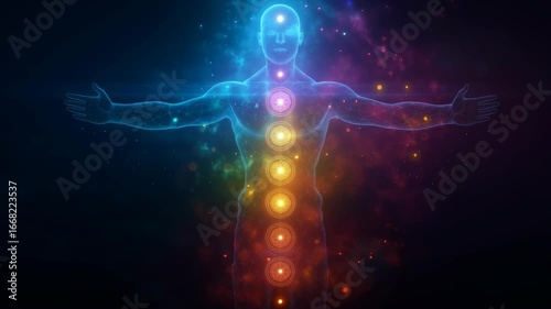 Glowing human silhouette with illuminated chakra energy centers aligned along the body, symbolizing balance, healing, and spiritual awareness.