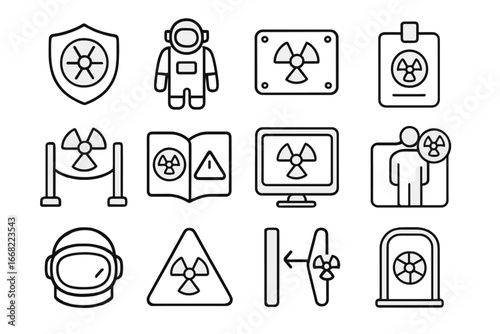 Space Radiation Safety Icons. Outline vector icons of radiation protection in space travel: shielding layer,
