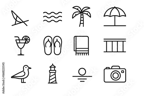 Seaside Icon Collection. Outline icon set of seaside terrace view: deck chair, ocean waves, palm tree, sun