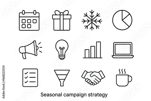 Seasonal Campaign Icons. Outline icon set of seasonal campaign strategy: calendar, gift box, snowflake, pie