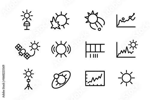 Solar Monitoring Icons. Outline vector icons of solar radiation monitoring: solar sensor, flare alert, coronal