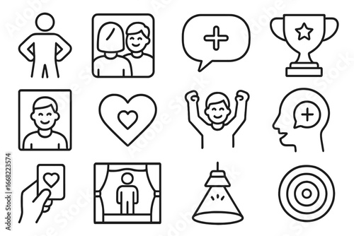 Confidence Icons Grid. Outline vector icons of building confidence and self-esteem: confident pose, mirror