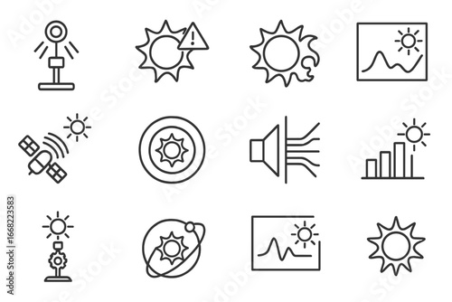 Solar Monitoring Icons. Outline vector icons of solar radiation monitoring: solar sensor, flare alert, coronal
