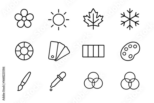 Seasonal Color Icons. Outline icon set of seasonal color palettes: spring flower, summer sun, autumn leaf,
