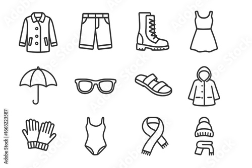 Seasonal Fashion Icons. Outline icon set of seasonal fashion trends: winter coat, summer shorts, autumn boots,