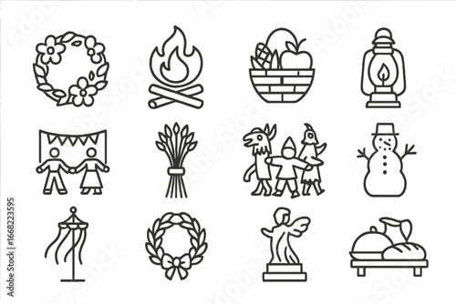 Seasonal Folklore Icons. Outline icon set of seasonal folklore: spring blossom crown, summer solstice fire,