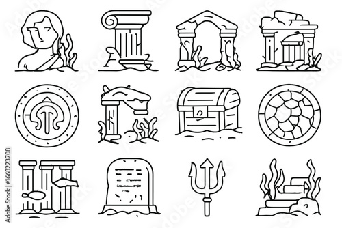 Lost Underwater Cities Icons. Outline vector icons of lost underwater cities: sunken statue, ancient pillar,