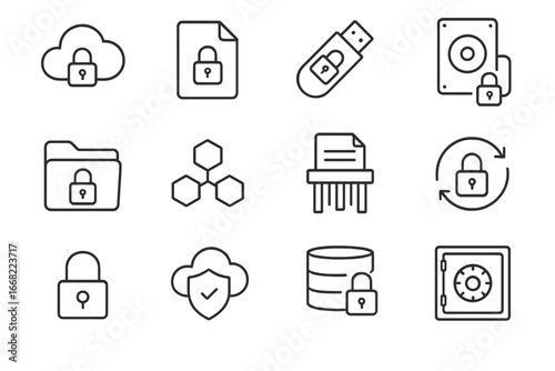 Secure Storage Icons. Outline icon set of secure file storage: encrypted cloud, password-protected file, USB