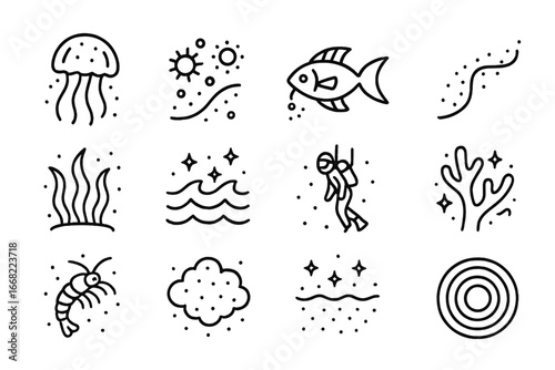 Bioluminescent Ocean Icons. Outline vector icons of bioluminescent marine environments: glowing jellyfish,