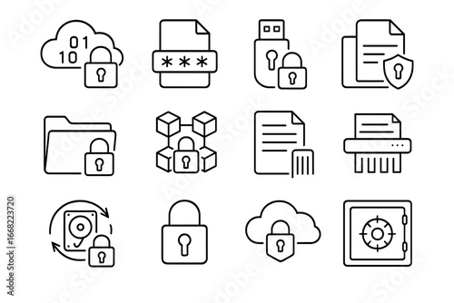 Secure Storage Icons. Outline icon set of secure file storage: encrypted cloud, password-protected file, USB