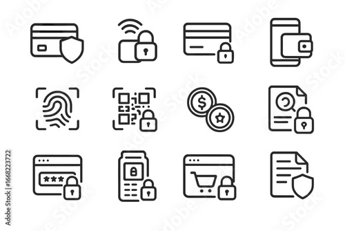 Secure Payment Icons. Outline icon set of secure payment tools: payment shield, contactless lock, card