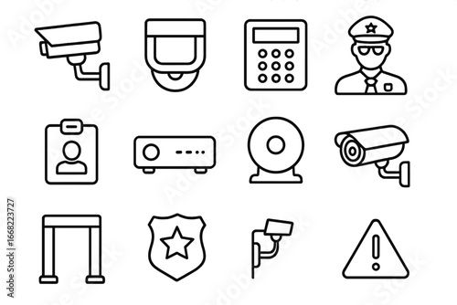 Security Icon Set. Outline icon set of security installation parts: CCTV camera, motion sensor, control panel,