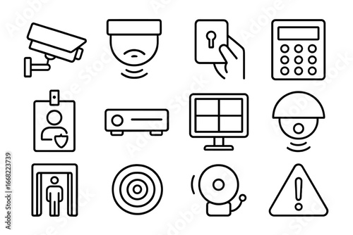 Security Equipment Icons. Outline icon set of security camera components: CCTV camera, sensor alarm, access