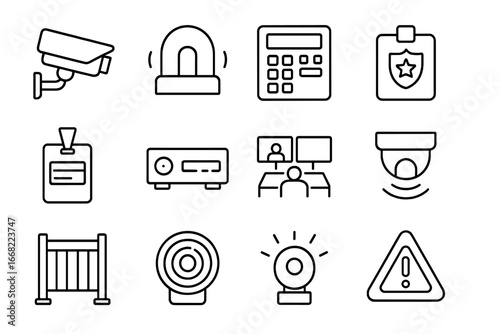 Security Hardware Icons. Outline icon set of security hardware essentials: CCTV camera, sensor alarm, control