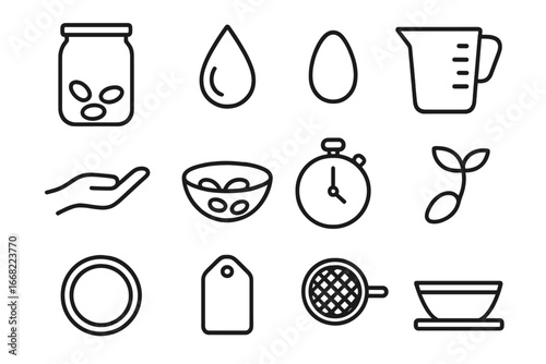 Seed Soaking Icons. Outline icon set of seed soaking: jar, water drop, seed, measuring cup, hand, bowl, timer,