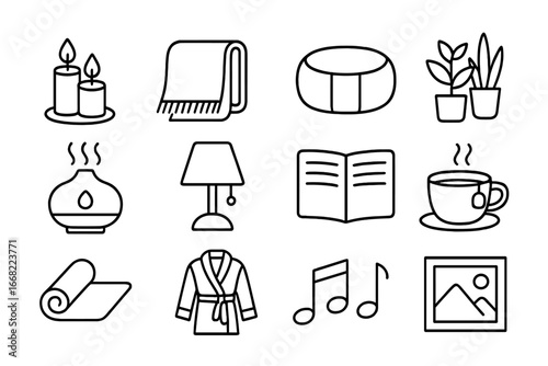 Self-Care Sanctuary Icons. Outline icon set of building a self-care sanctuary at home: scented candles, cozy