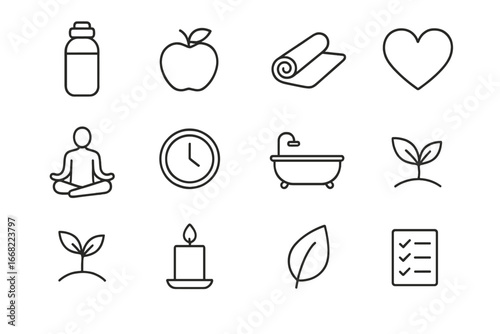 Self-Care Icon Set. Outline icon set of self-care routines: water bottle, apple fruit, yoga mat, heart symbol,