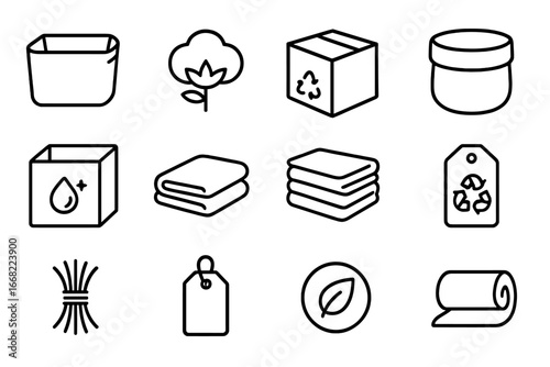 Eco-Friendly Storage Icons. Outline vector icons of eco-friendly storage choices: organic fabric bin, cotton