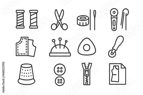 Sewing Supplies Icons. Outline icon set of sewing supplies on pegboard: thread spools, scissors, measuring