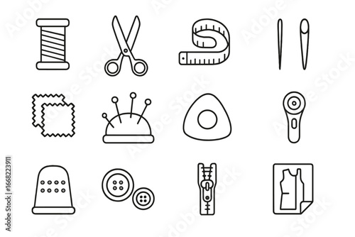 Sewing Supplies Icons. Outline icon set of sewing supplies on pegboard: thread spools, scissors, measuring