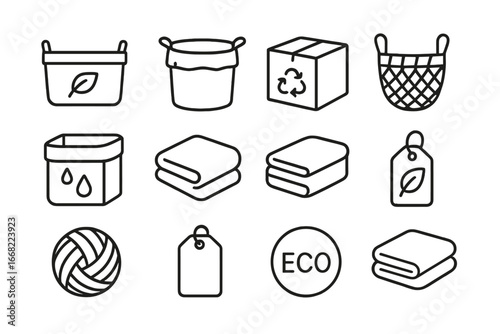 Eco-Friendly Storage Icons. Outline vector icons of eco-friendly storage choices: organic fabric bin, cotton