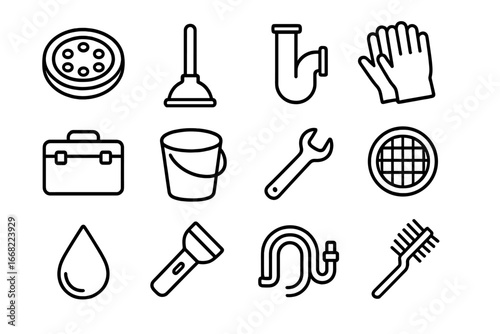 Sewer Cleaning Icons. Outline icon set of sewer and drain cleaning: drain, plunger, pipe, gloves, toolbox,