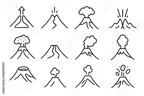 Volcano Eruption Icons. Outline vector icons of how a volcano erupts: magma chamber, rising lava, volcanic
