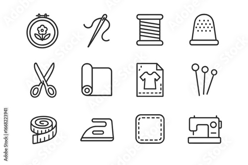 Sewing Tools Icons. Outline icon set of textile and embroidery commissions: embroidery hoop, needle, thread
