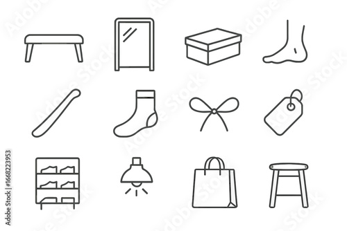 Shoe Fitting Icons. Outline icon set of shoe fitting area: bench, mirror, shoebox, foot icon, shoehorn, sock,
