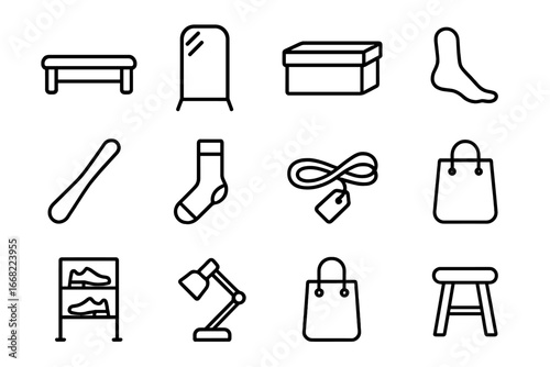 Shoe Fitting Icons. Outline icon set of shoe fitting area: bench, mirror, shoebox, foot icon, shoehorn, sock,