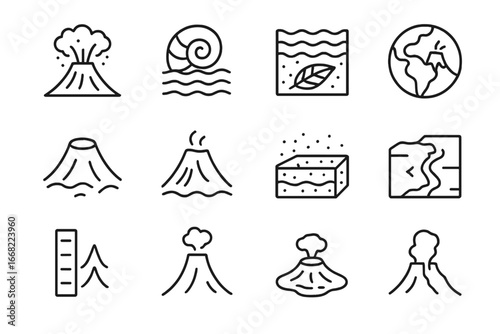 Prehistoric Volcanic Icons. Outline vector icons of prehistoric volcanic activity: ancient eruption, fossil